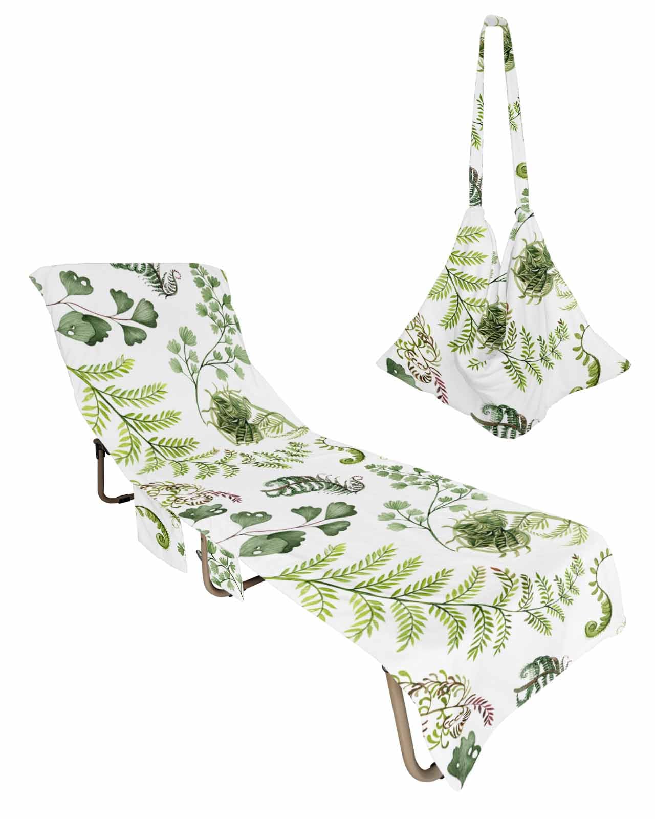 Green Botanical Beach Lounge Chair Towel Cover, Soft Chaise Lounge Towel with Side Pockets Patio Pool Chairs Cover for Beach/Pool Sunbathing 29x85 Summer Pastoral Plants Watercolor
