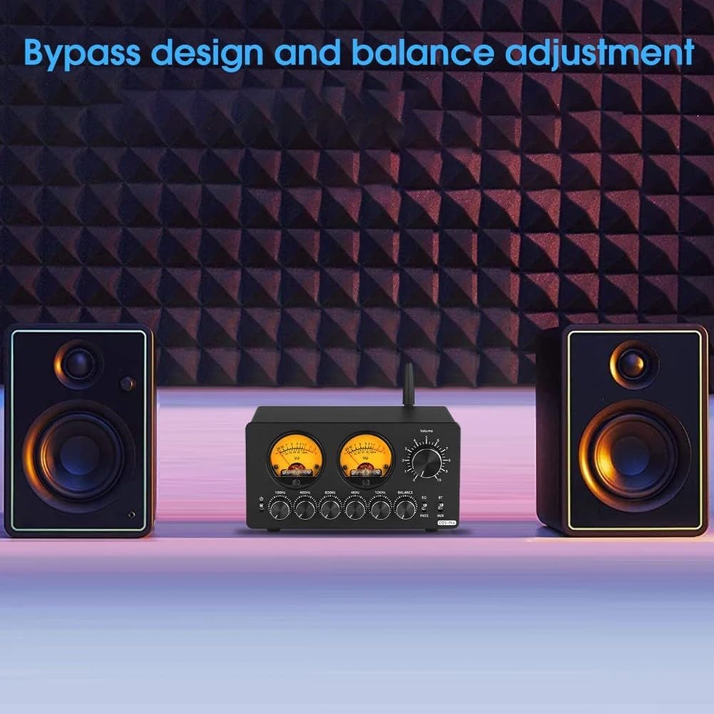 EQ5PRO Ecualizador de 5 bandas, preamplificador con entrada 5.0, doble VU, control de equilibrio de modo de derivación de medidor, chapado en oro para RCA AUX para sistema de audio estéreo de alta