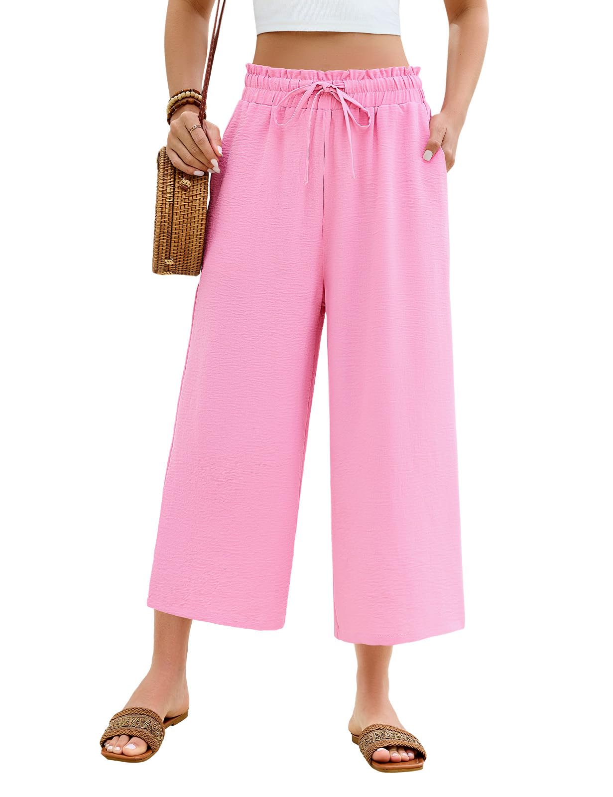 PASUDA Sommerhose Damen Leicht 3/4 Culotte Hose Sommer Weite Bein Freizeithose Elastisch Hohe Taille Elegant Caprihose Locker Bequeme Luftig Stoffhose Lässig Musselin Hosen Strandhose