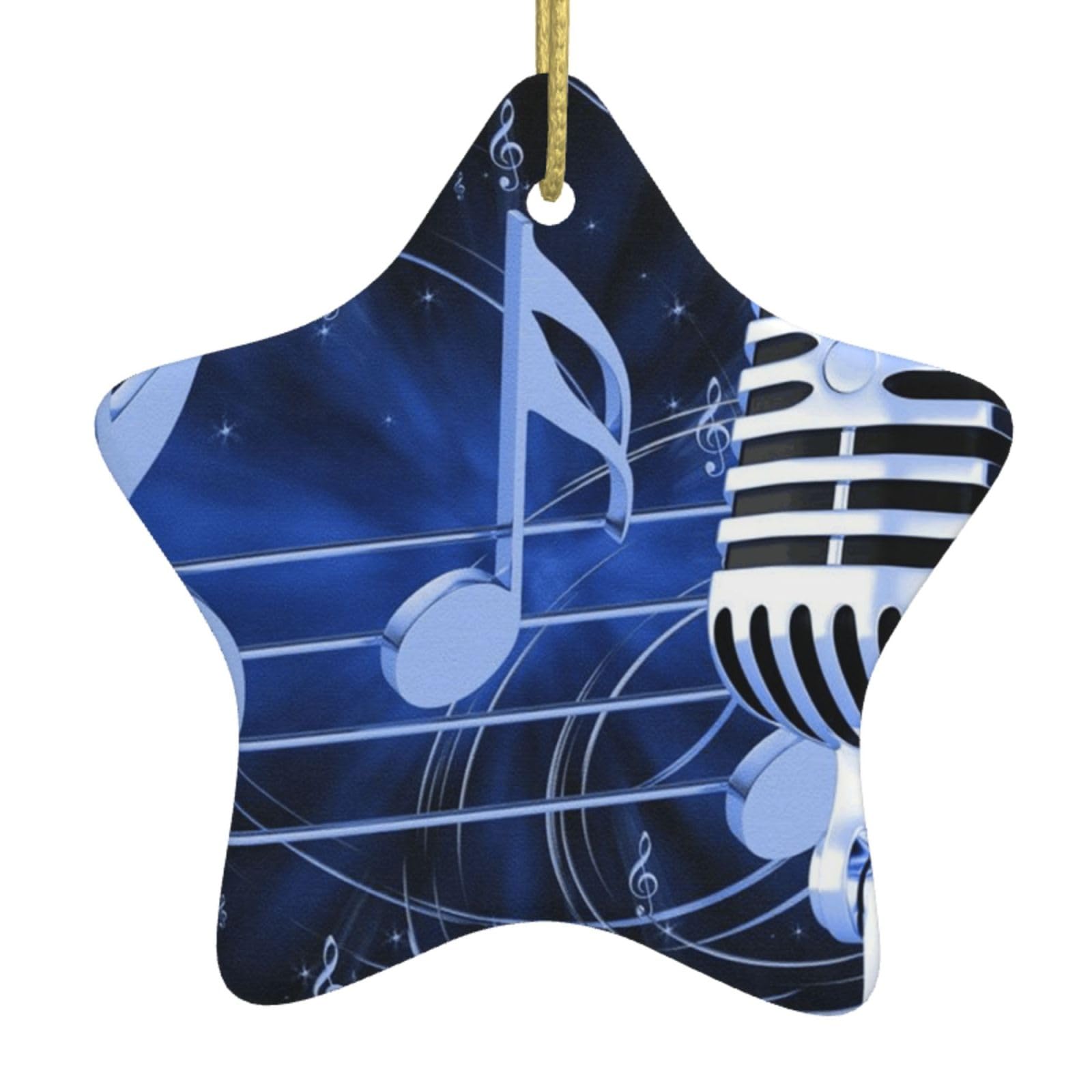 (Microphone with Music Notes) Printed Star-shaped Xmas Ornaments, Christmas Ceramic Pendant Hanging for Xmas Tree Home Indoor Outdoor Decor