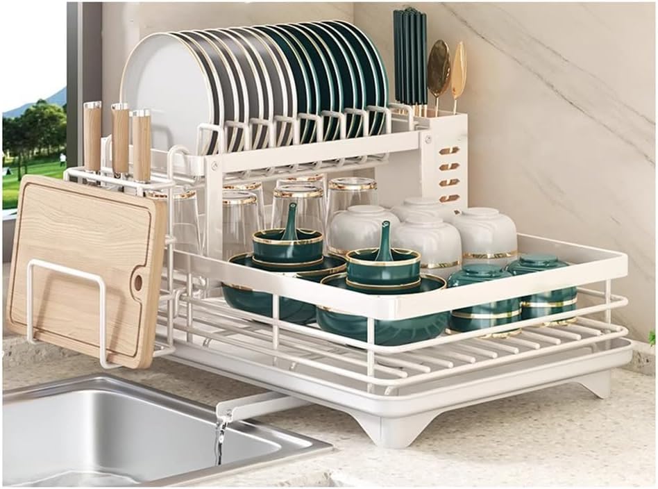 Large Capacity 2 Tier Dish Drying Rack, Multifunctional Rustproof Dish Drainers for Kitchen Counter with Drainboard Leak-Proof Spout, Chopping Board Rack, Large Utensil Holder, White