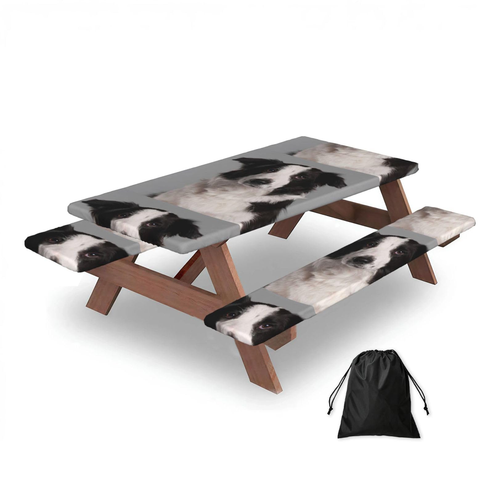 Dopklna As Picture Border Collie, Picnic Table Cover With Bench Covers -Waterproof Elastic Fitted Tablecloth For Garden Camping Patio 76X152cm