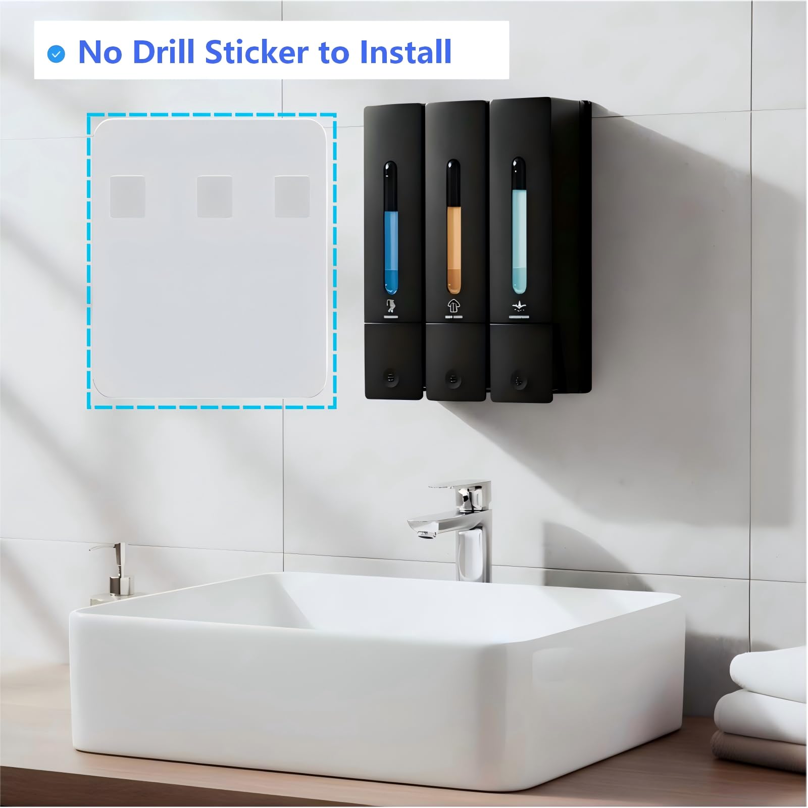 Dispenser per shampoo e balsamo, dispenser di sapone da doccia a 3 camere senza trapano per doccia dispenser per bagnoschiuma a parete per bagno, hotel, cucina, 3 x 400 ml, grande capacità, nero