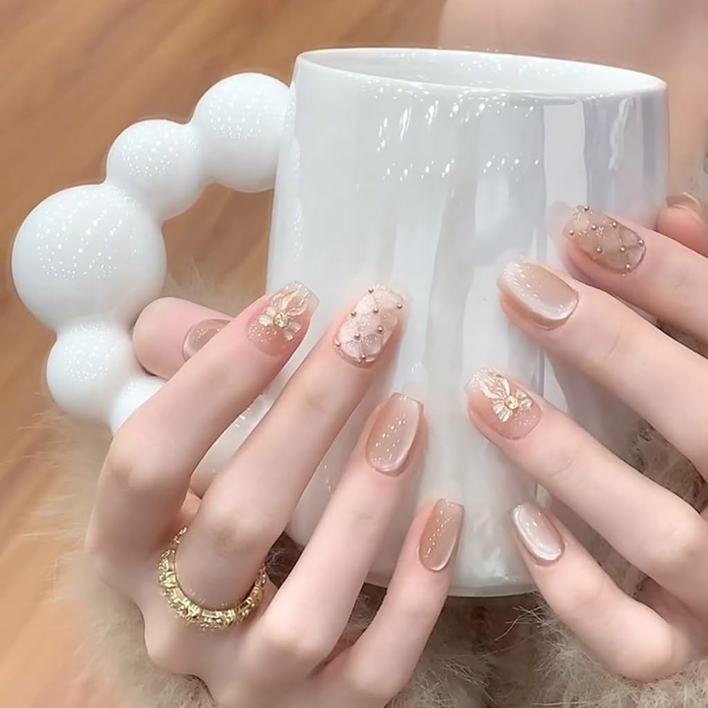 Cats Eye Short Square False Nails 24pcs with Bows Acrylic Stick on Nails Manicure Nails Decoration