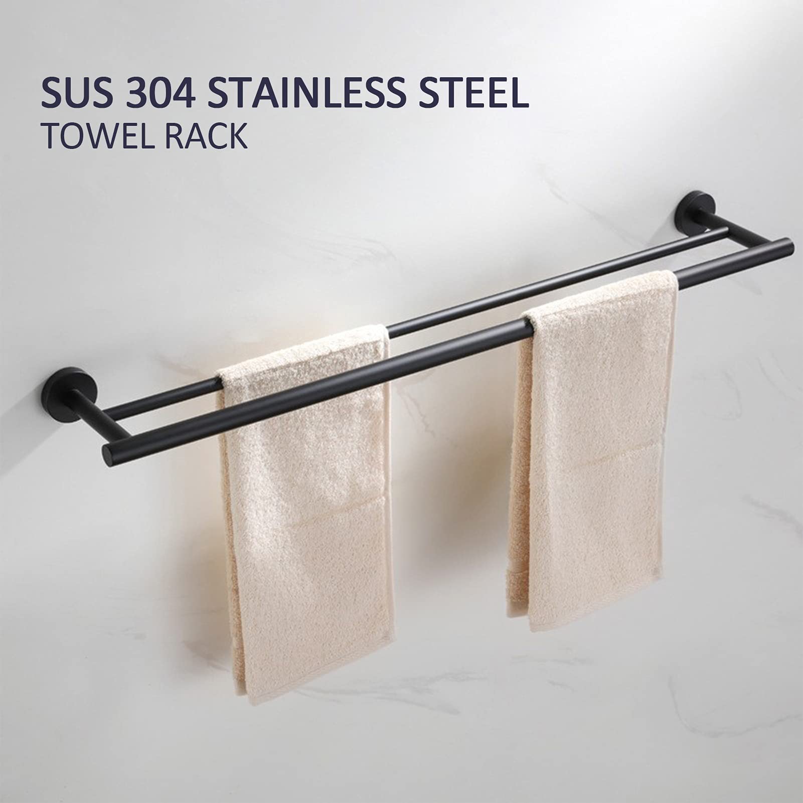 Barra de riel de Toalla Doble multifunción, Soporte de Toalla Negra de Acero Inoxidable SUS304, Percha de Torre montada en la Pared para Hardware y Cocina de baño, 60 cm / 23.6 Pulgadas