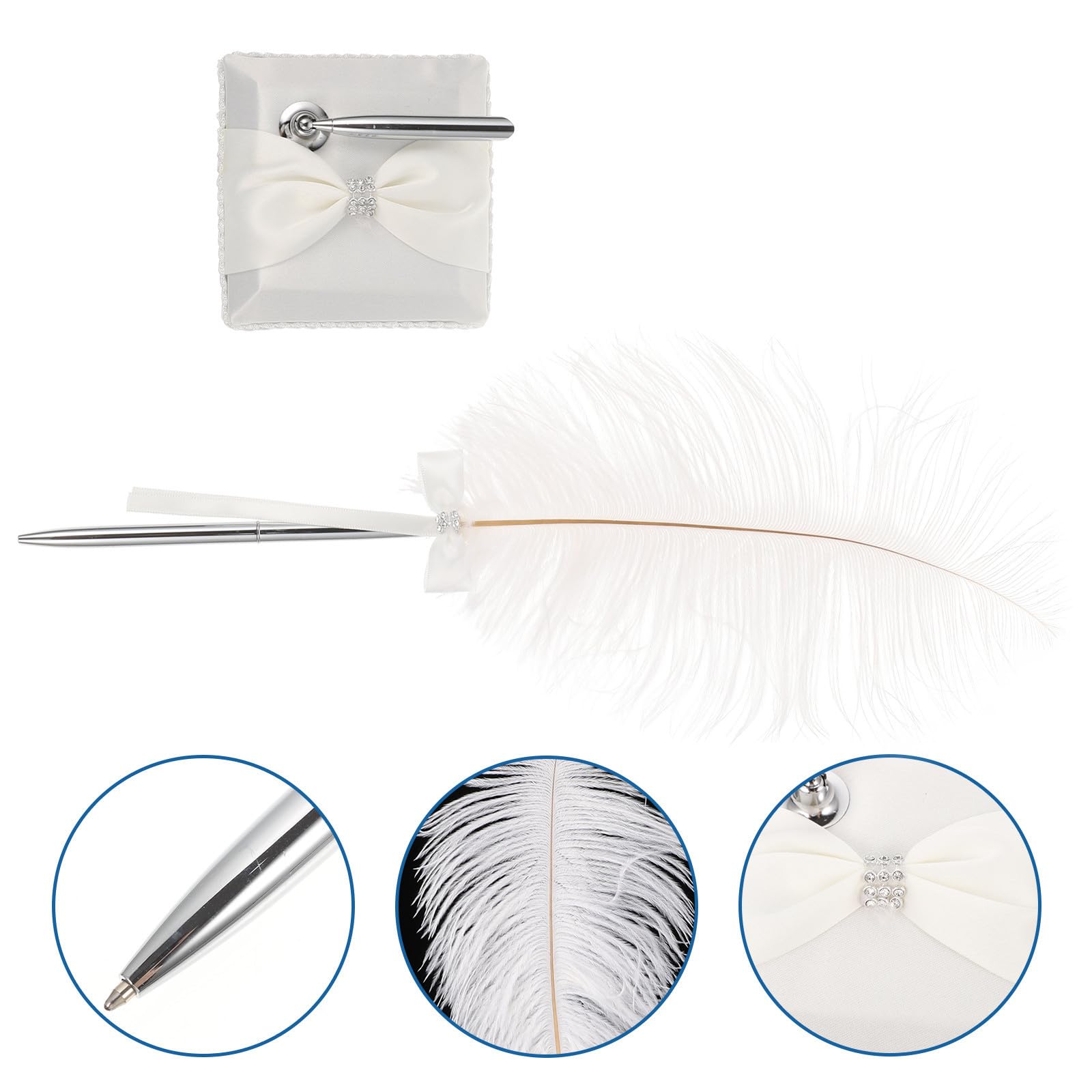 Lurrose Penna Elegante da Scrittura con Piuma D'autrucchetto Bianca, Decorata con Strass, in Metallo e Tessuto Lucido, con Pratico Supporto per Occasioni Speciali come Matrimoni