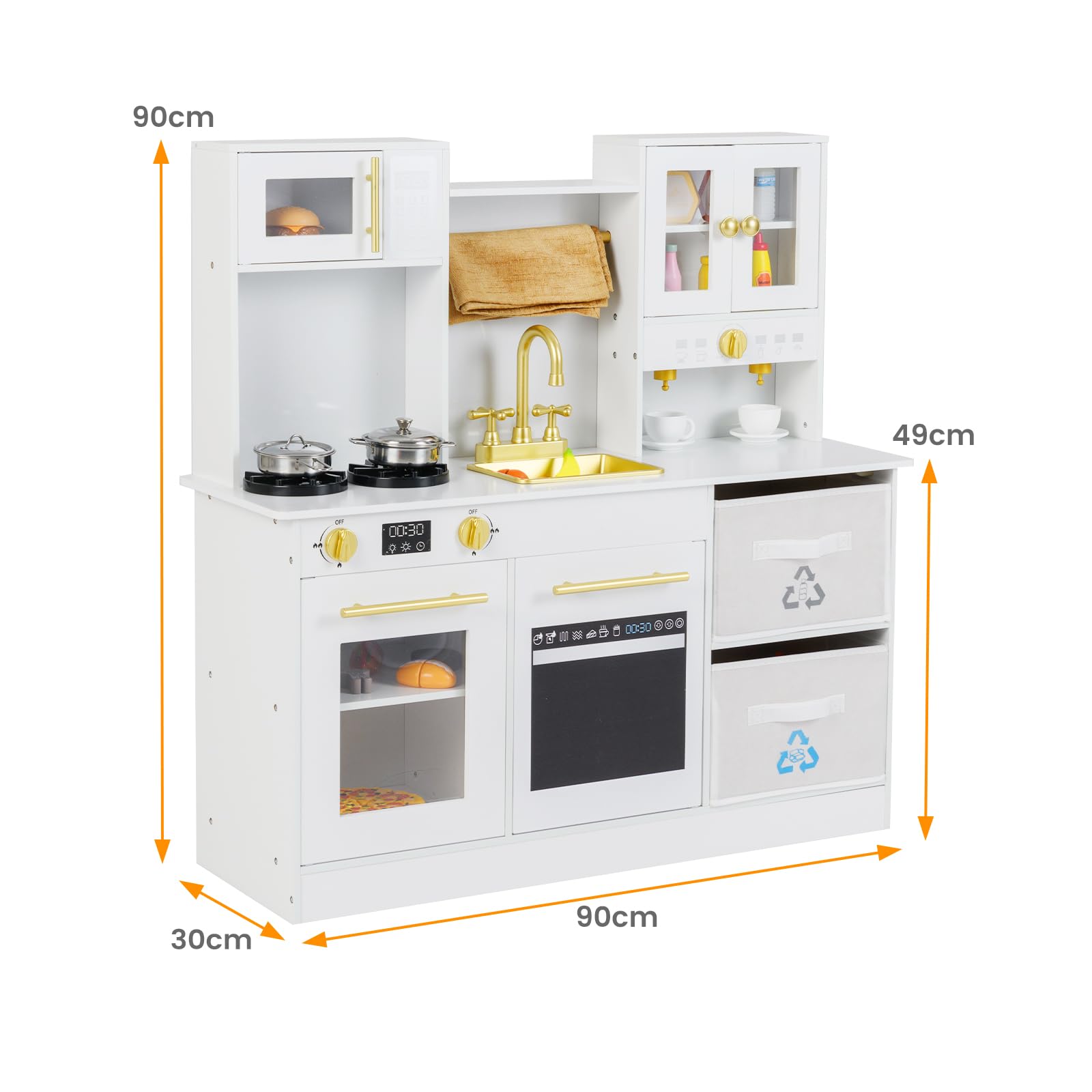RELAX4LIFE Cucina Giocattolo in Legno per Bambini, Effetti Simulati di Luce e Suono, Cucina Giocattolo Interattiva con 2 Cassetti in Tessuto, Forno Lavello Microonde e Utensili (Bianco)