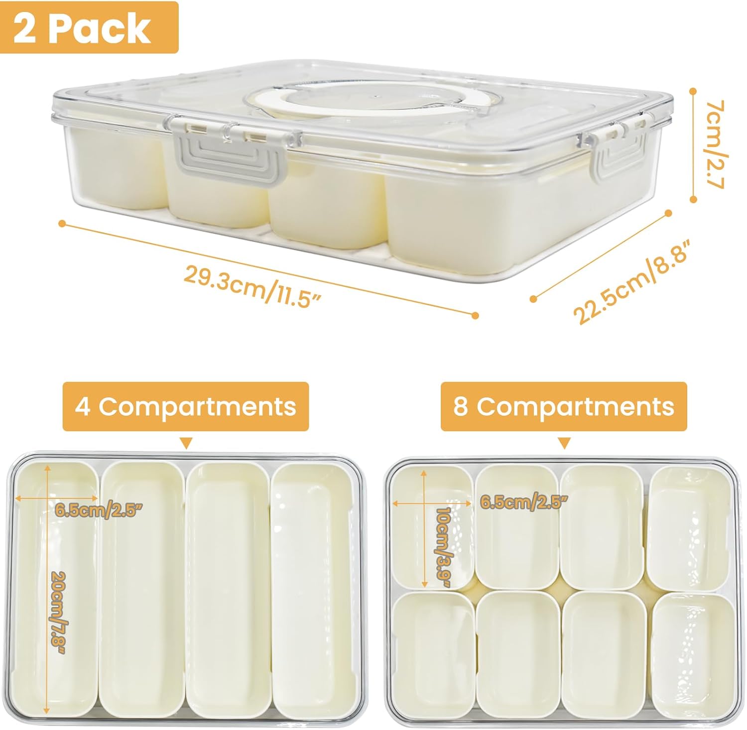 2 Pack Divided Serving Tray with lid and Handle, 8 & 4 Compartments Snackle Box with Utensils, Fridge Food Veggie Condiment Storage, Kitchen Clear Food Container for Picnic, Camping, School - Image 2