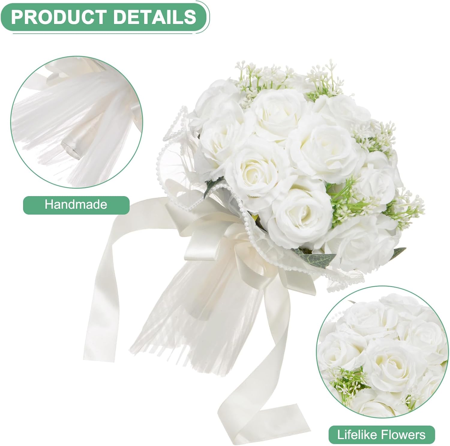 M METERXITY Wedding Bouquets for Bride, Artificial Flower Bouquet for Wedding Bridal Bouquets for Bride/Bridesmaid, Bouquets with Silk Ribbon [White]