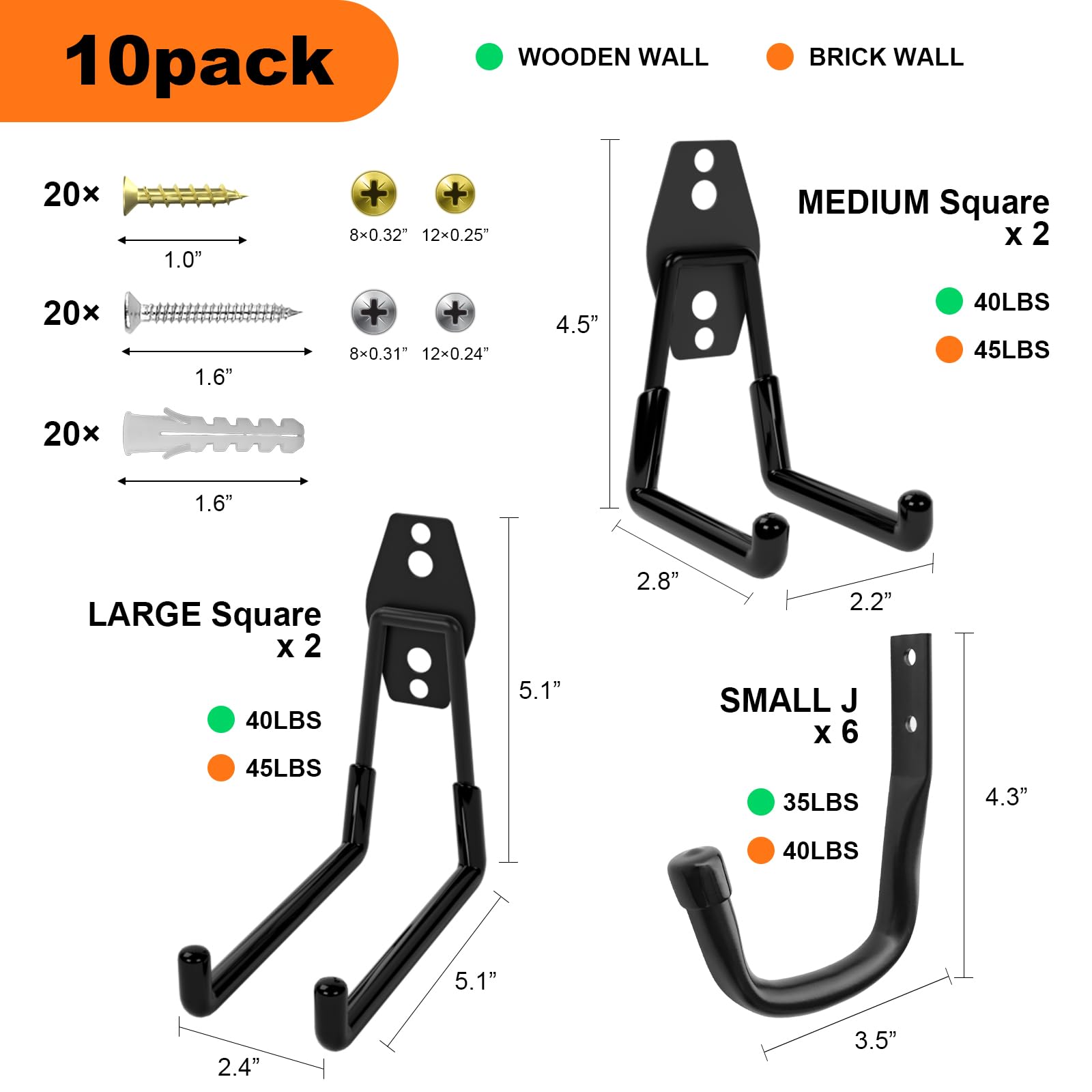 Jikro 10-Pack Heavy Duty Garage Wall Hooks – Utility J Hooks for Hanging Ladders, Bikes, Power Tools with Anti-Slip Coating