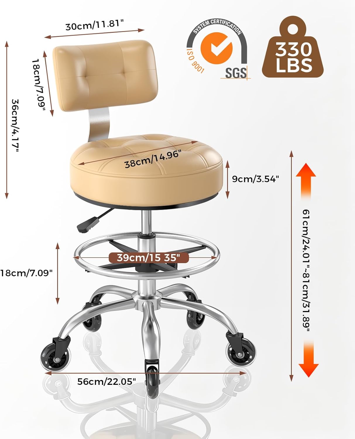 Office Drafting Chair with Footrest, Tall Height Adjustable Stool with Back Support, Heavy Duty Rolling Stool Chair with Wheels for Office Home Kitchen Bar Shop Guitar Studio Medical Vanity(White) - Image 7