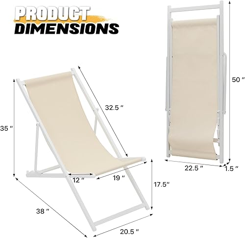 Miniatura 3 de MoNiBloom Juego de 2 sillas plegables ajustables para exteriores, para playa, patio, con marco de aluminio, sillas plegables (beige)