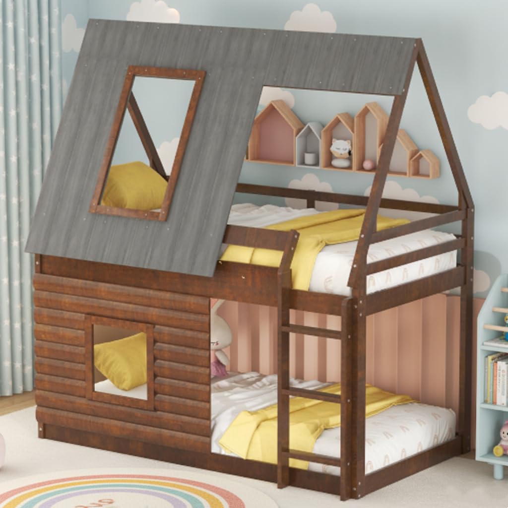 Twin Over Twin House Bunk Bed with Window for Kids, Solid Wood Floor Bunk Bed with Rails and Ladder for Boys Girls, Playhouse Design, Oak