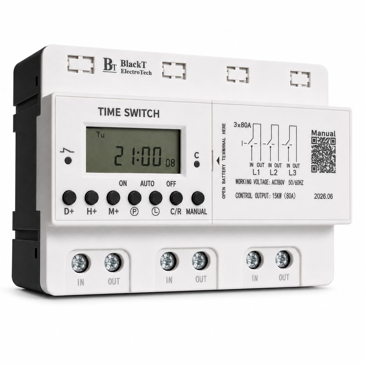Blackt Electrotech 3 Phase Digital Timer Switch 80A, 32 ON/Off Weekly Programmable Time Switch, 380-415V AC, DIN Rail Mount, 15kW Load, for Motor, Pump, Starter & Industrial Machinery | BT413P1-picture-14