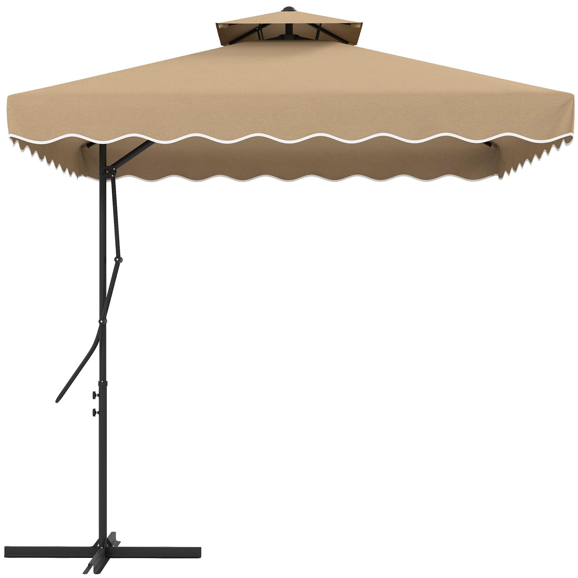 Outsunny Parasol déporté parasol de jardin carré avec pied en croix double toit pour jardin, terrasse, balcon, kaki