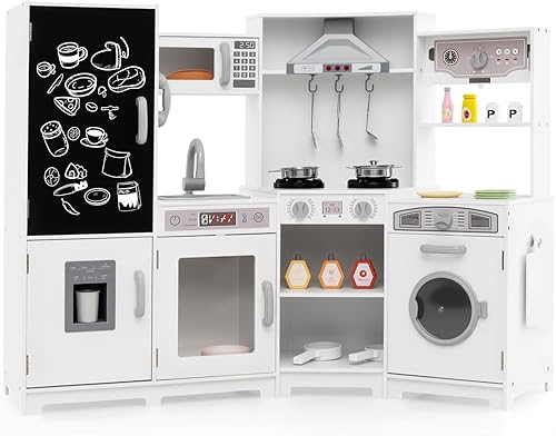 HONEY JOY Cocina de juego de esquina, juego de cocina grande de madera con luces, máquina de hielo y cafetera, campana extractora, pizarra,