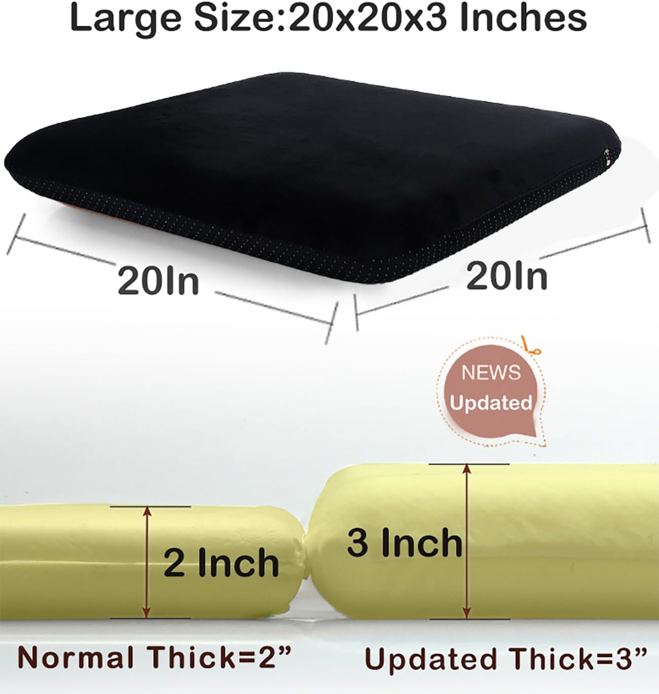 Sigmat Recliner Cushion for Elderly with Memory Foam 20x20x3 Inches Large Square Seat Cushion for Recliner Chair, Floor Pillow, Truck Seat Cushion Black