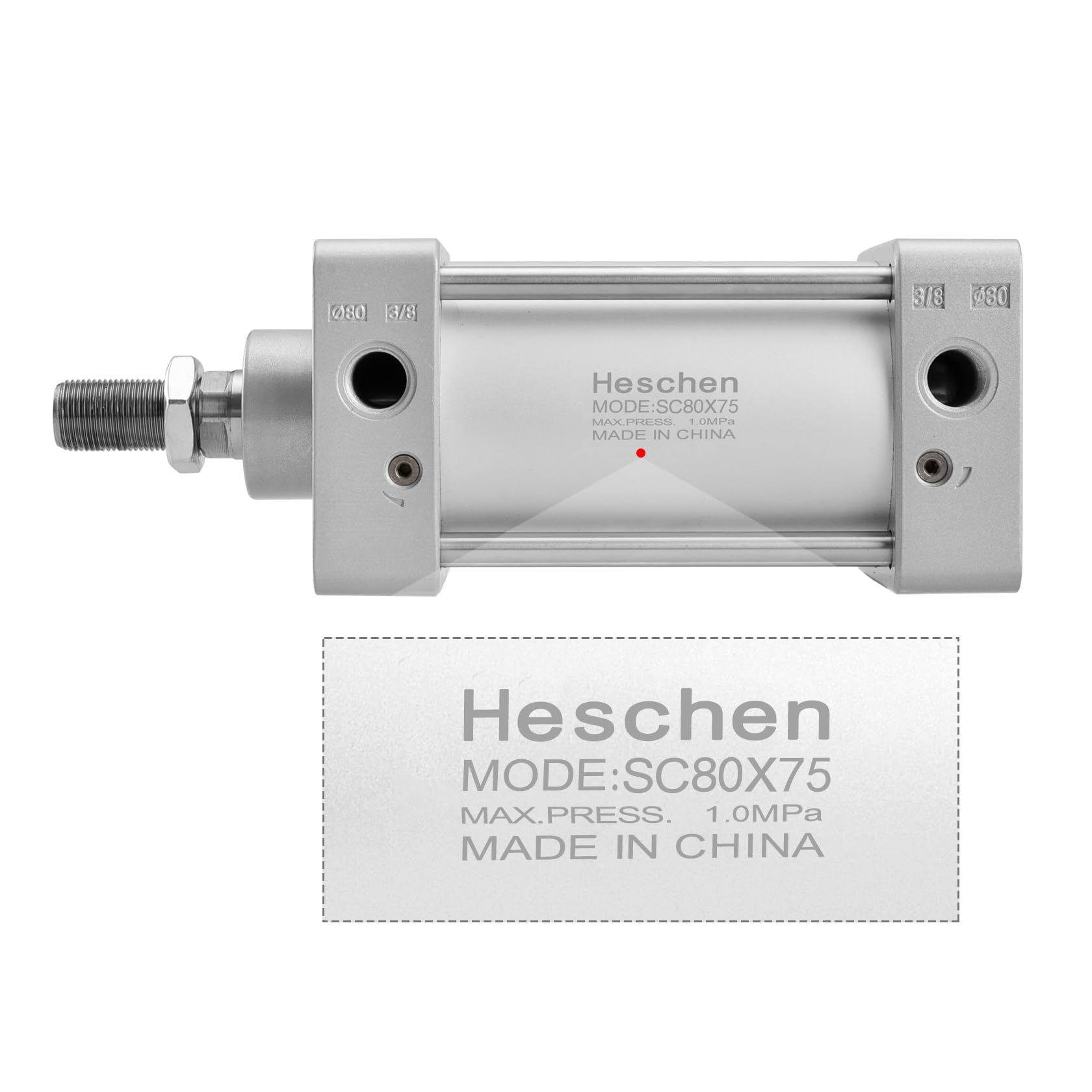 Heschen Cilindro neumático estándar, SC 80-75, PT3/8'' Puerto, 80mm diámetro, 75mm Carrera, Doble Efecto