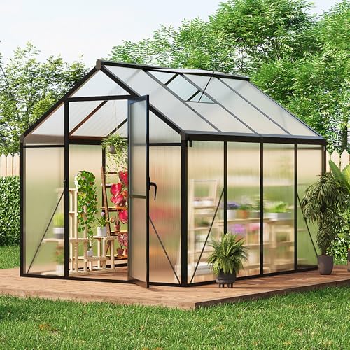 6x8 FT Outdoor Polycarbonate Greenhouse, Sturdy Aluminum Frame Walk-in Greenhouse with Roof Vent, Lockable Push Door & Ground Nails for Garden, Backyard, Patio and Lawn (Black) 6x8ft