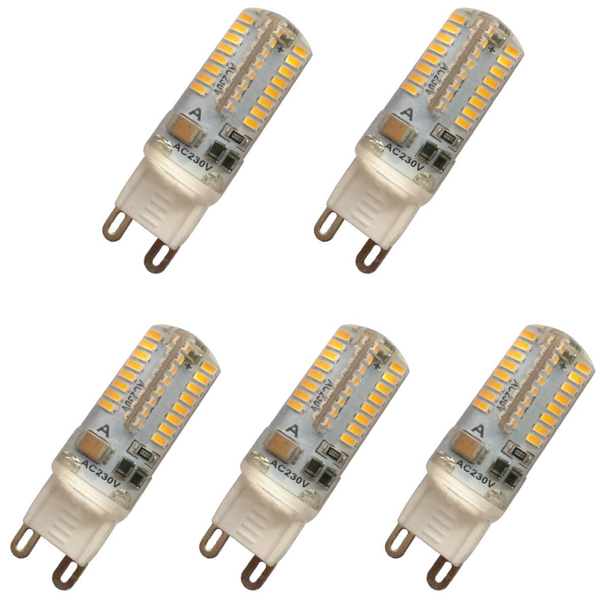 Aoxdi G9 Led Light Bulbs 5W, No Flicker Non-Dimmable Energy Saving, for Home Lighting, AC220-240V, 5-Pack (Warm White)