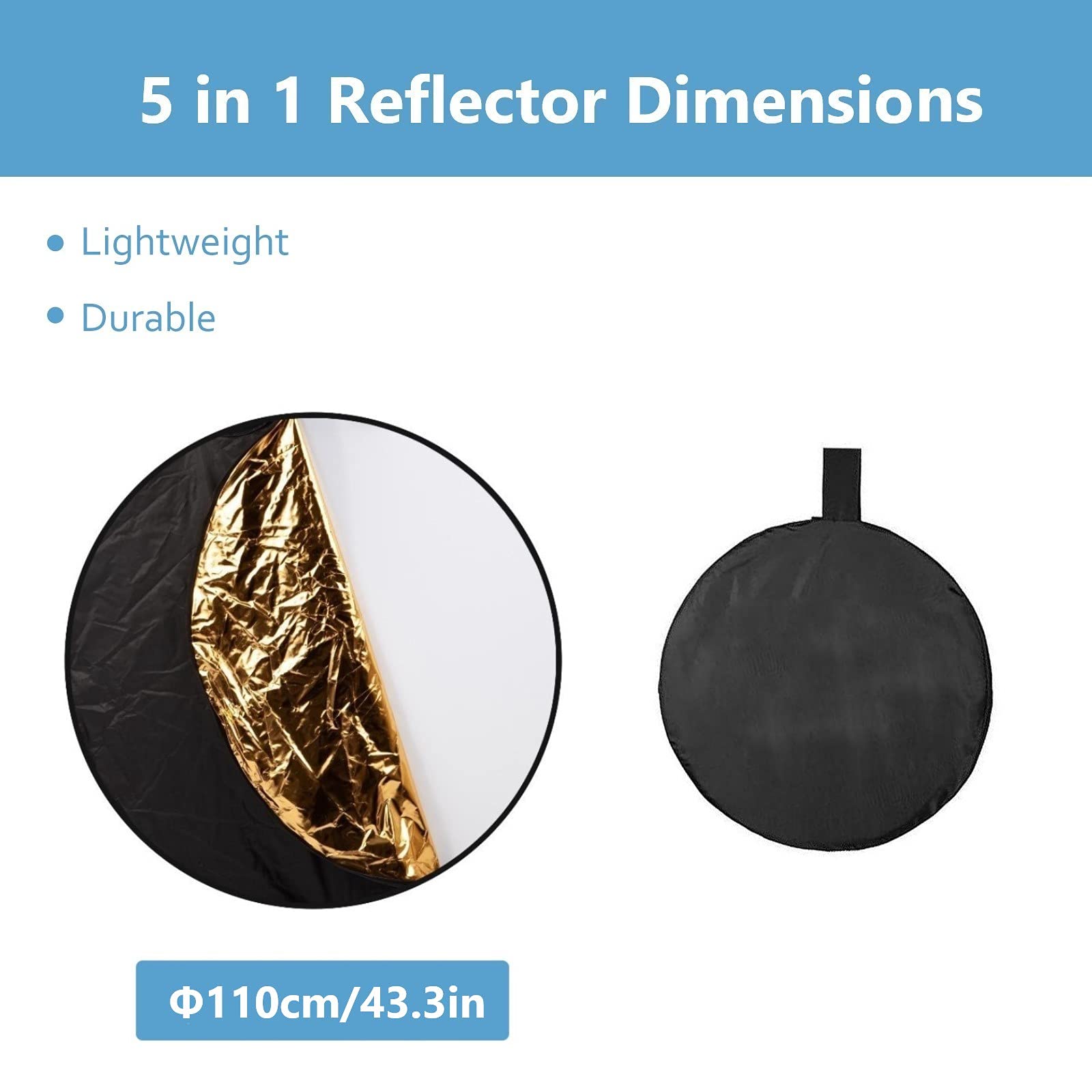 5 in 1 Faltreflektoren Set Reflektor 110cm Gold, Silber, Weiß, Schwarz und Transparent für Studio und Foto Diffusor