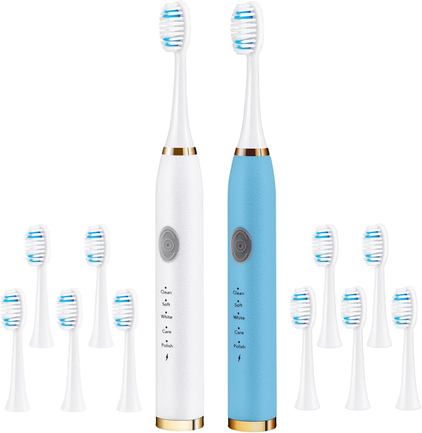 Electric Toothbrush 2 Pack, Travel Electric Toothbrush for Adult Includes 10 Replacement Brush Heads, 5 Modes, 2 Hours Charge for 60 Days (White & Blue)