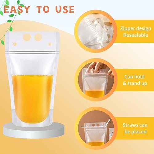 Miniatura 3 de JANSONG 20 bolsas de bebidas con 20 popotes de plástico desechables, bolsas de jugo translúcidas con cierre de cremallera esmeriladas para adultos y