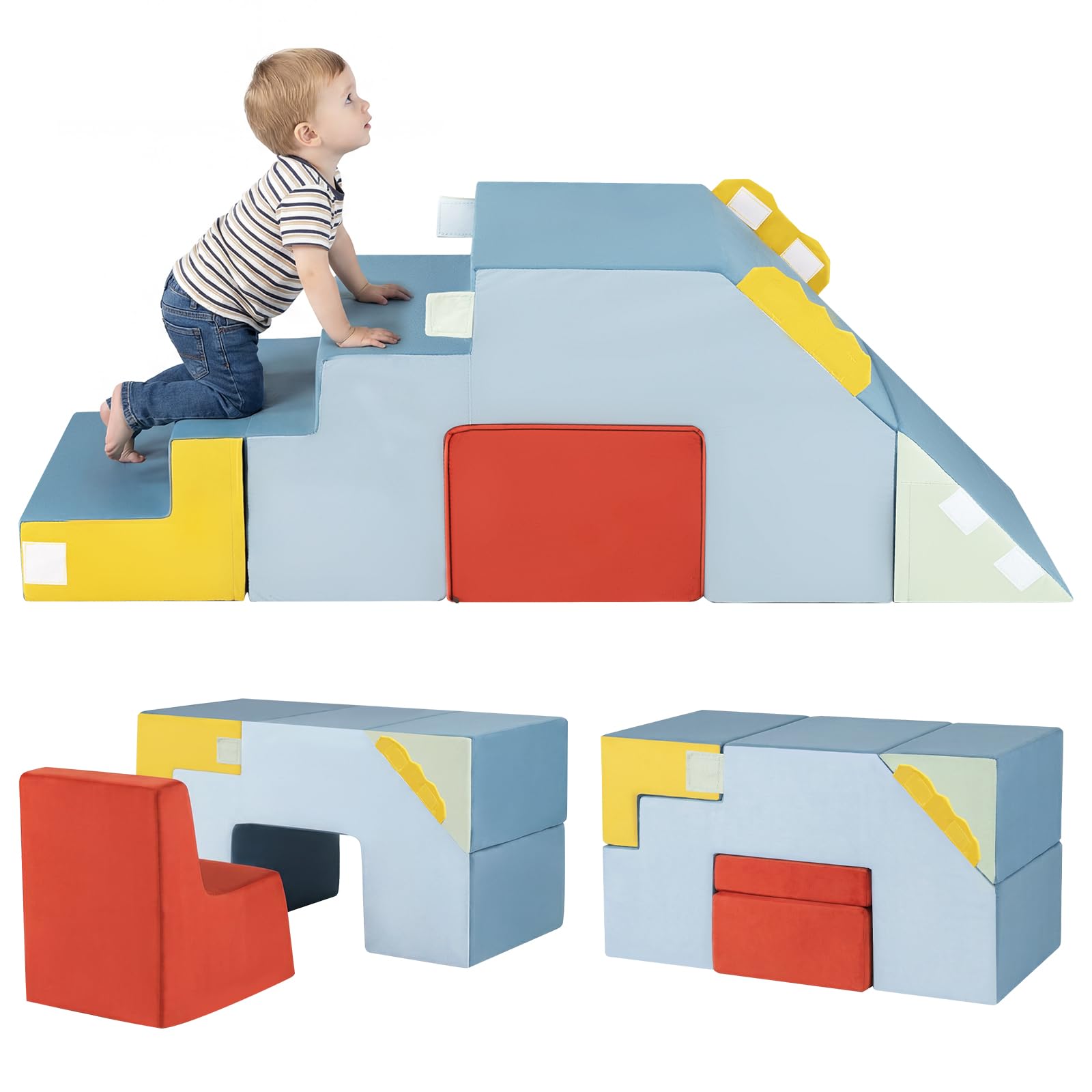 COSTWAY 3 en 1 Parcours Motricité Bébé en Mousse avec Toboggan et Échelle, Module Motricité Bébé avec Housse en Velours Lavable, Jouets Éducatifs Montessori pour Ramper Grimper pour 12 Mois+