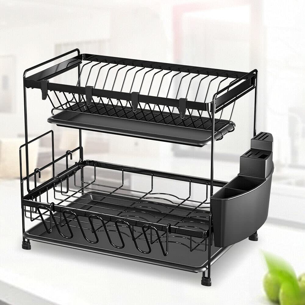 Estantería de cocina con bandeja de drenaje y caja para cuchillos de 2 capas