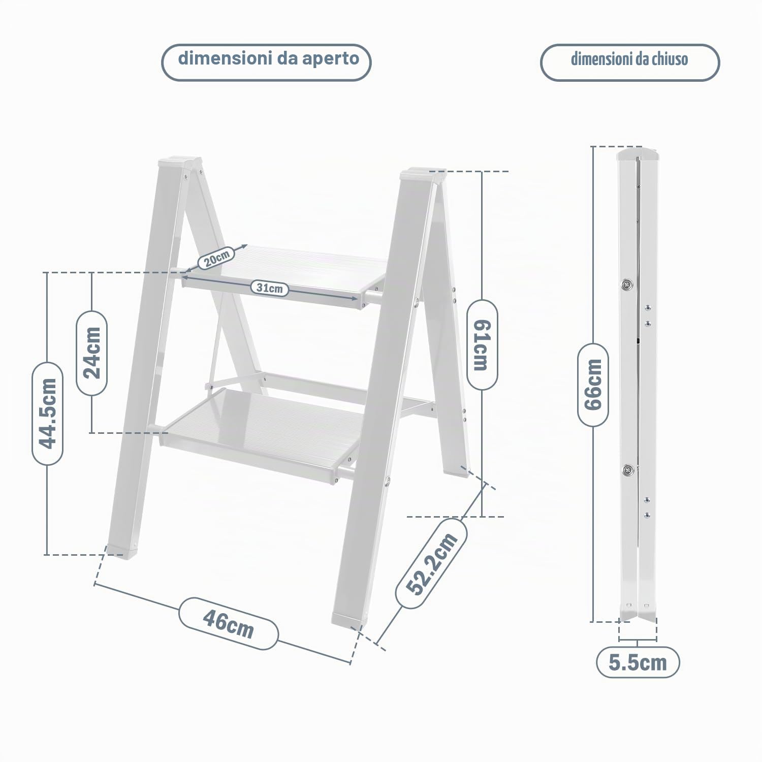 Eulenke Scala pieghevole a 2 gradini, leggera, in alluminio, antiscivolo, con protezione pieghevole, per casa, cucina, portata fino a 150 kg, bianco