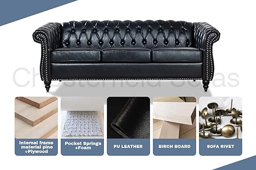 Miniatura 5 de Sofá de cuero Chesterfield negro para sala de estar, cómodo sofá de 3 plazas con asiento profundo para dormitorio, oficina o apartamento. Muebles de