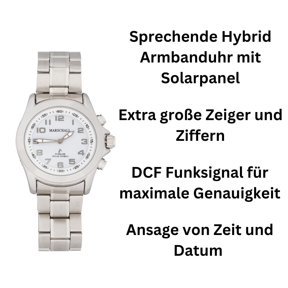 Marschall Deutsch sprechende Herren Armbanduhr I Mit Solarpanel I 1146w I Funkarmbanduhr I Für Blinde, Senioren und Demenzkranke I Datum- und Zeitansage I Vario-Edelstahlarmband