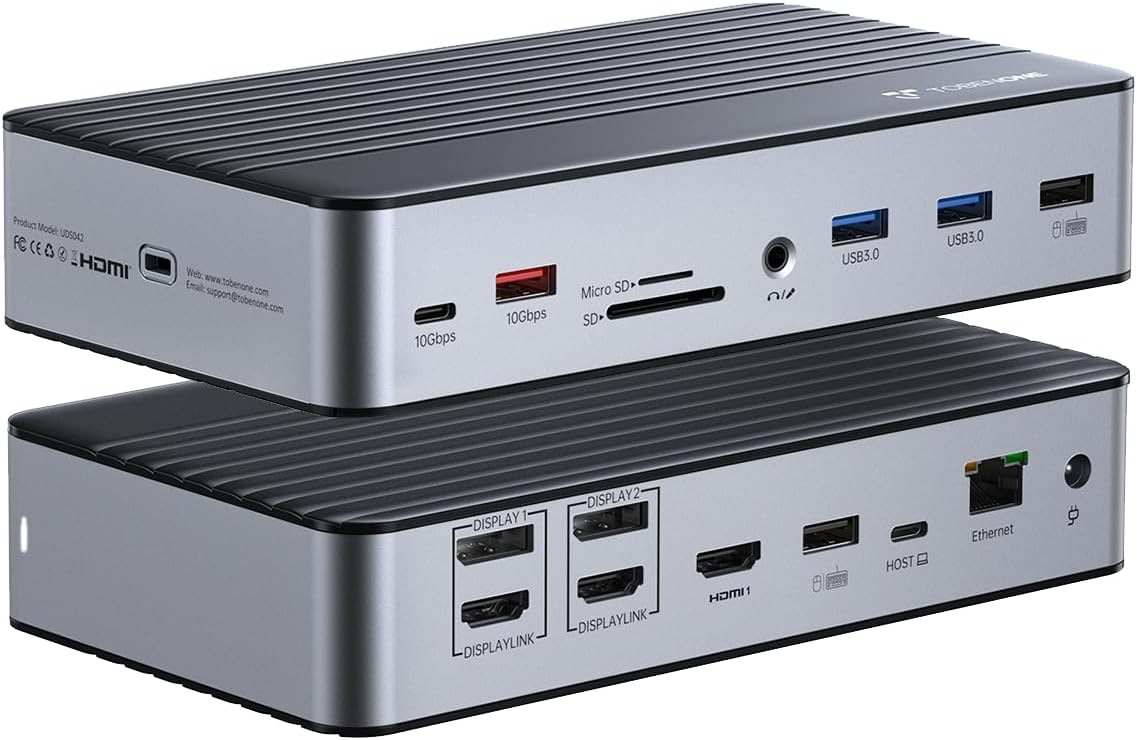 TobenONE DisplayLink Docking Station 3 Monitors with 3 HDMI(4K@60Hz), USB C Docking Station with 120W Charger, for MacBook Pro/Air, Thunderbolt 4/3, USB-C Windows(2 DP, 6 USB, Ethernet, SD/Micro SD)