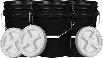 House Naturals 5 Gallon Food Grade Made in USA Plastic Bucket with Screw On Air Tight Double Gasket lid, Pack of 3 Black Buckets-White lids