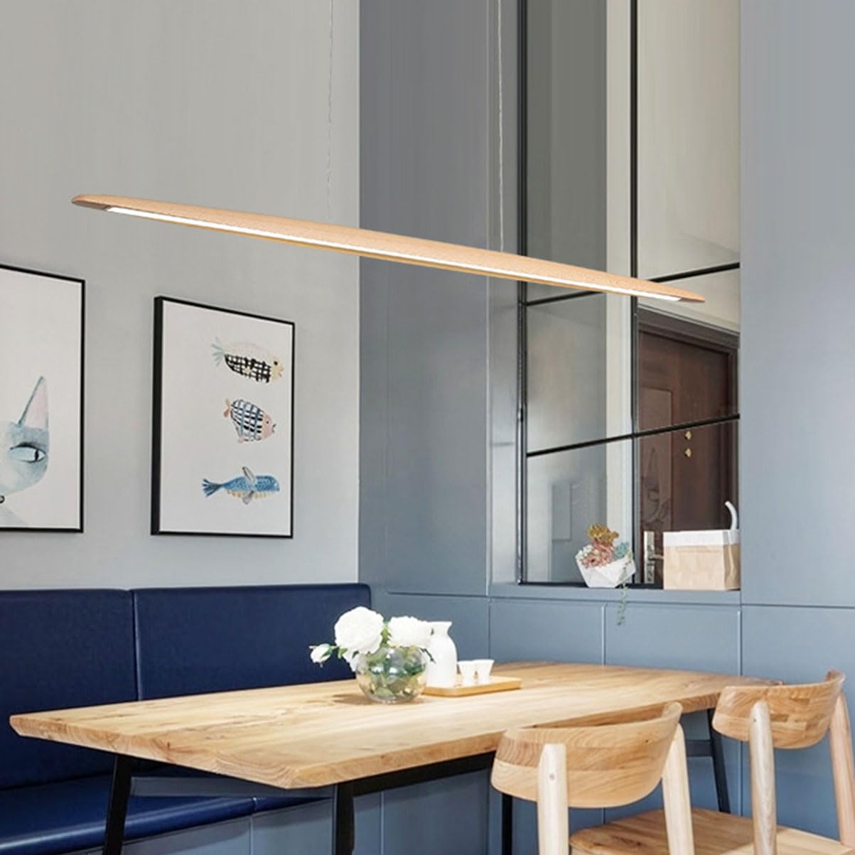 LED Wood Pendant Lamp Dining Table Pendant Lamp, Dimmable Modern Pendant Lamp Wood With Remote Control, Modern Straight Design Living Room Lamp Hanging For Kitchen Office Dining Room (Wood, 100 cm)