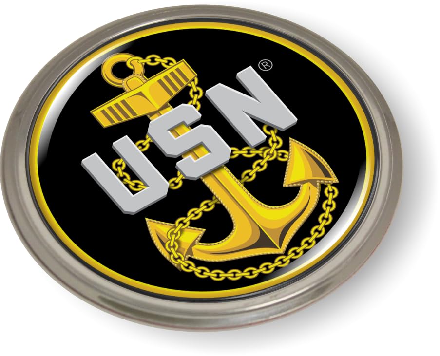 Image of U.S. Navy Chief Fouled Anchor USN CAR Emblem Badge Sticker Aluminum Bezel | Officially Licensed US Navy Product, 3D Domed, Semi-Flexible, made by BestLicensePlateFrames