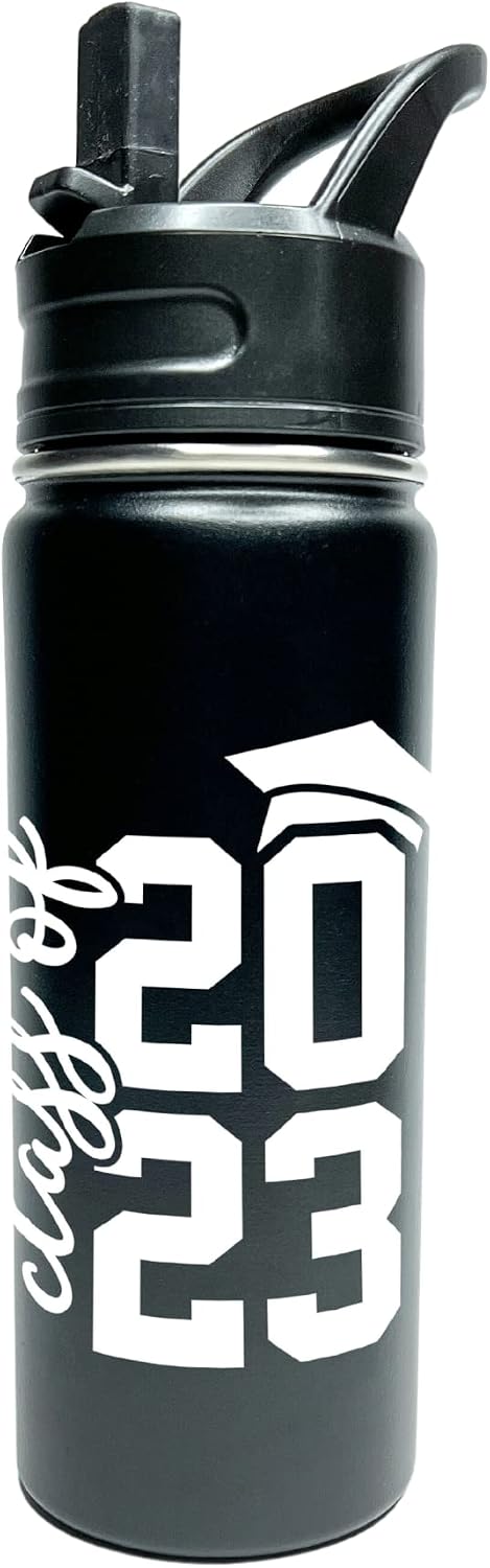 Personalized Stainless Steel Sports Hydro Large Water Bottle Custom Print Engraved Graduating Class of 2023 Graduation Cap Graduate Gift Vacuum Insulated 32oz Mouth or Straw Top Easy Carry Icy Cold!
