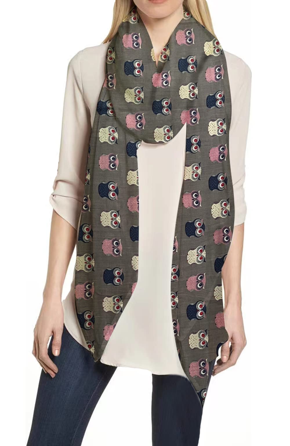 Lina & Lily Owl Print Women's Scarf Shawl Wrap Lightweight (Dark Grey)