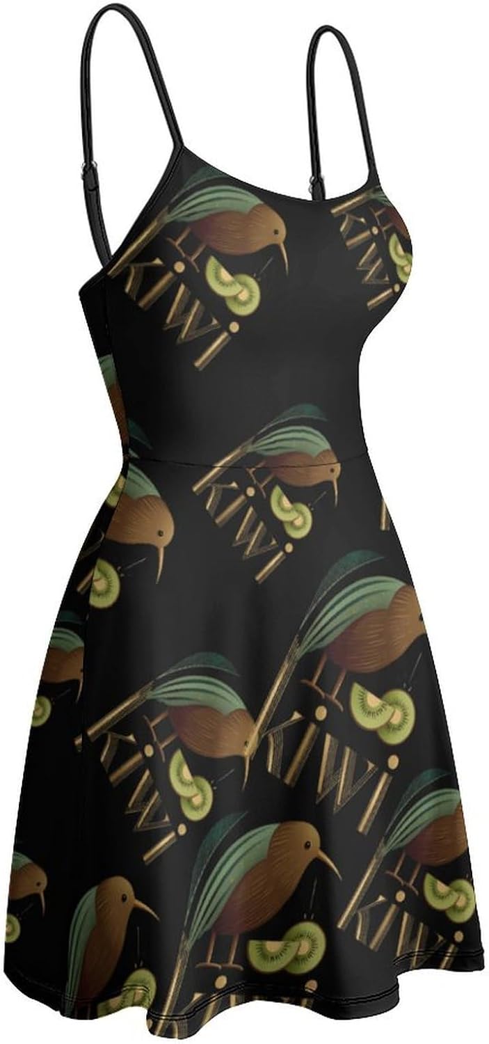 Kiwi Fruit Bird Short Cami Dress for Women Adjustable Spaghetti Strap Flowy Sundress Beach Vacation