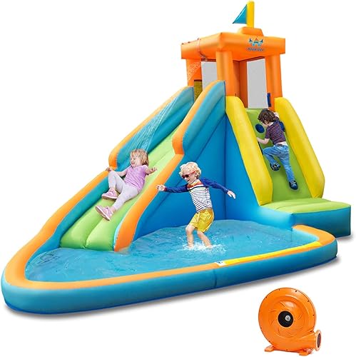 Vista 20 de HONEY JOY Tobogán acuático inflable, parque acuático gigante, castillo hinchable para patio trasero, pared de escalada, piscina de chapoteo