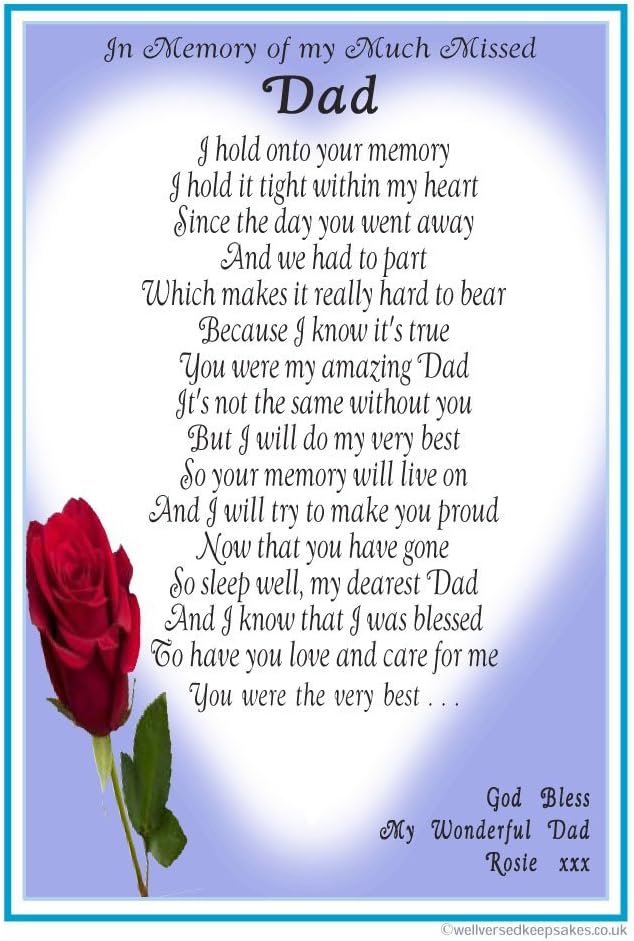 Unique Personalised Grave Card to My Much Missed Dad - Includes Fixing Stake - A Laminated Memorial Marker Featuring a Bereavement Poem by Impish Odes - Blue Design