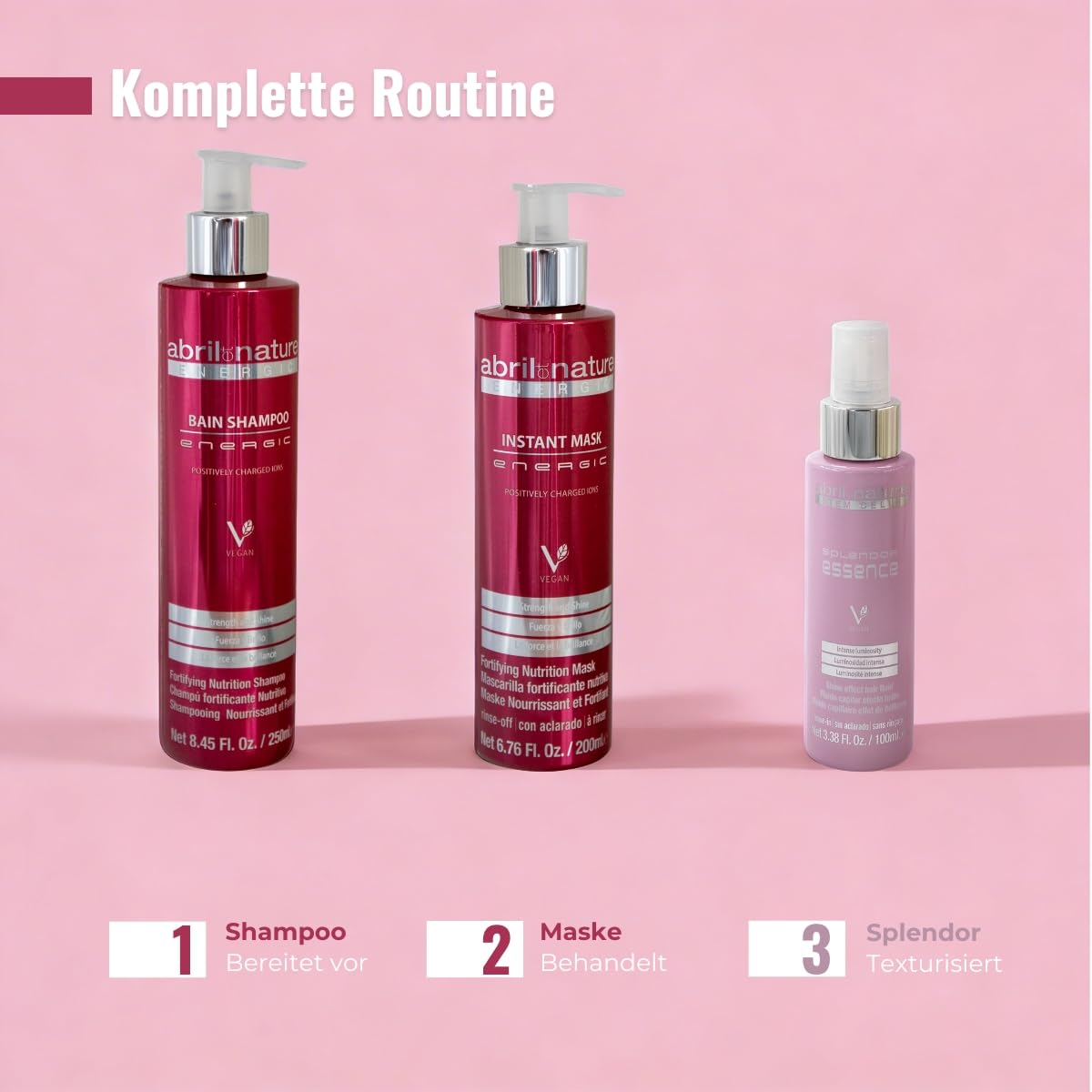 abril et nature - Professionelles Haarpflege-Set Energic - Anti-Frizz - Shampoo-, Maske- und Serum-Set für Haare - Für feuchtigkeitsbedürftiges Haar - Entwirrt, rehydriert und repariert - 550 ml