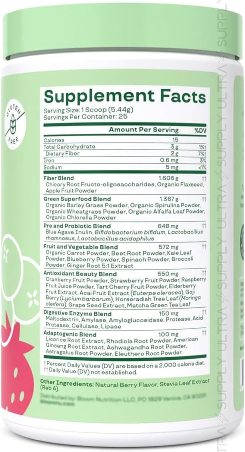 Blooms Super Greens & Superfoods Powder, Berry Flavor, 48 Servings – Gut Health & Bloating Support with Probiotics, Fruits & Veggies