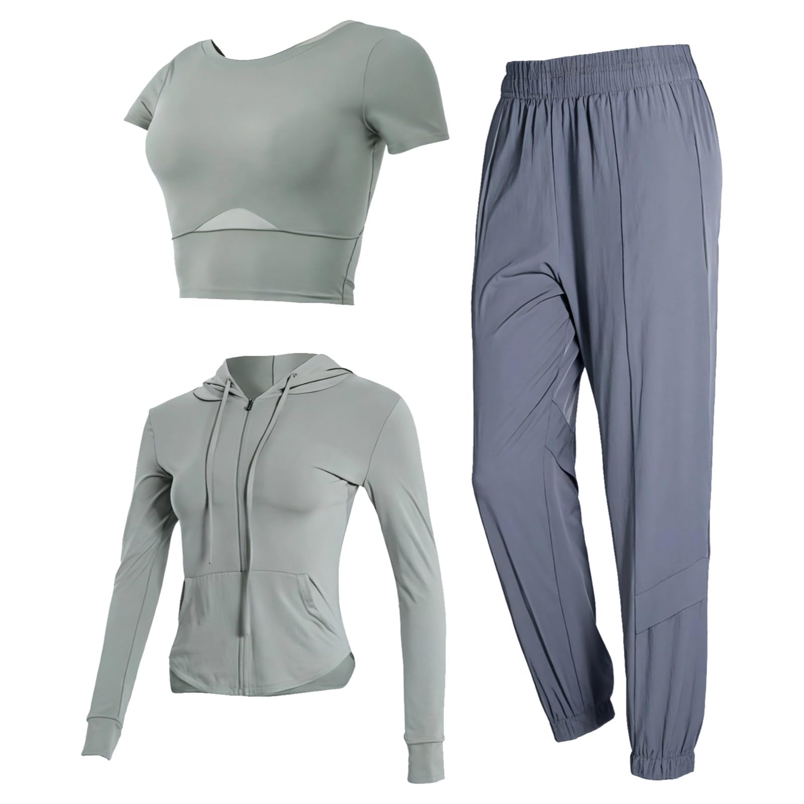 Damski 3-częściowy strój treningowy, kurtka z kapturem, top z krótkim rękawem, spodnie z elastyczną talią, gładki nylon-spandex, XL, pasuje do wzrostu 150-70 cm, waga 80-135 kg, Szary, XXL