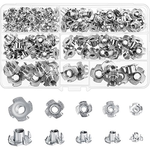 Boao 120 Pieces M3 M4 M5 M6 M8 Carbon Steel T-Nuts Four Pronged Tee Blind Inserts Nut Assortment Kit for Wood, Rock Climbing Holds, Cabinetry, Furniture