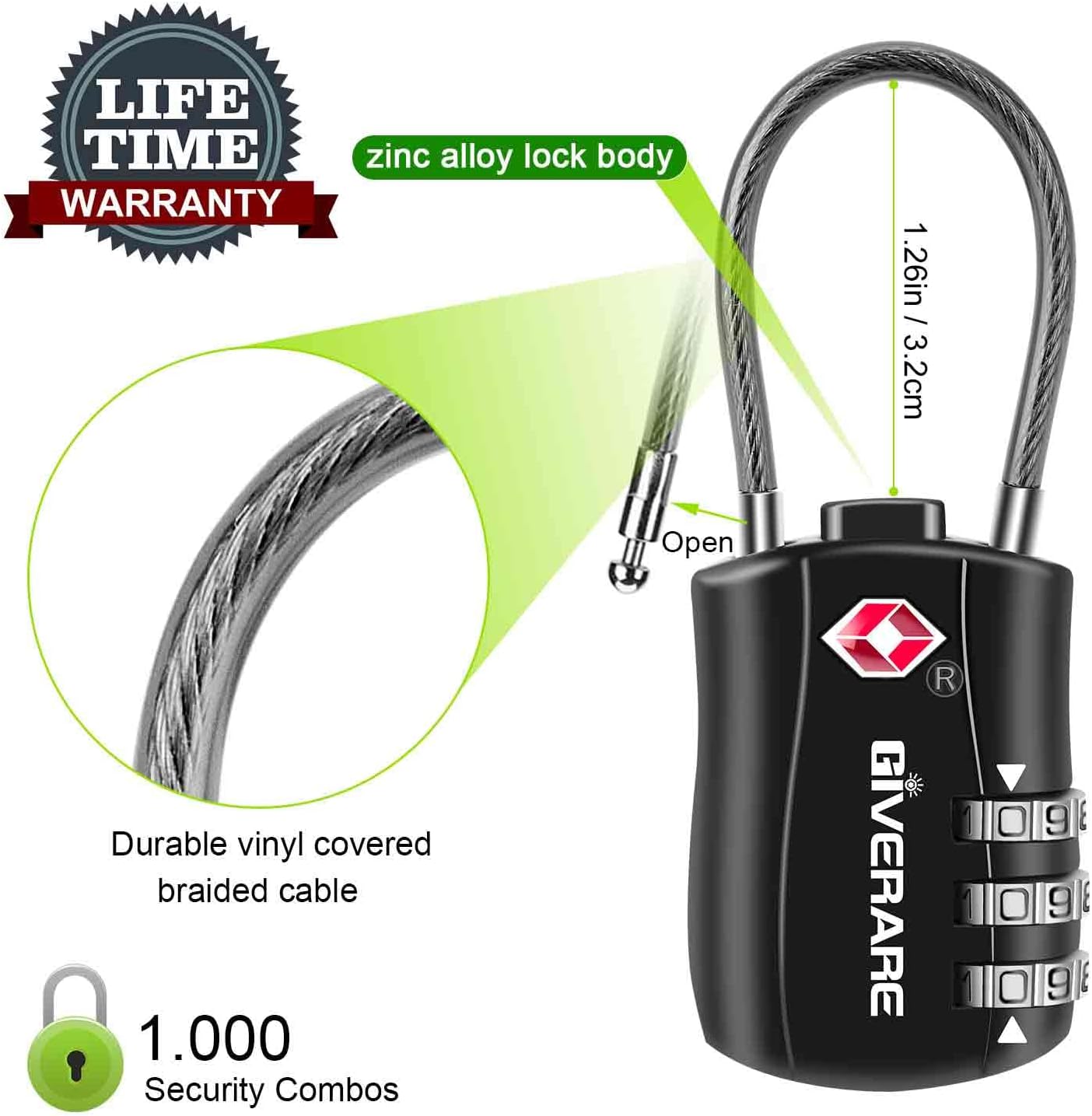 GIVERARE 4 Pack TSA Approved Luggage Locks, Combination Travel Cable Lock, Re-settable 3-Digit Padlocks with Alloy Body, Keyless TSA Padlock for Gym Locker, Golf Bag Case-Black - Image 3