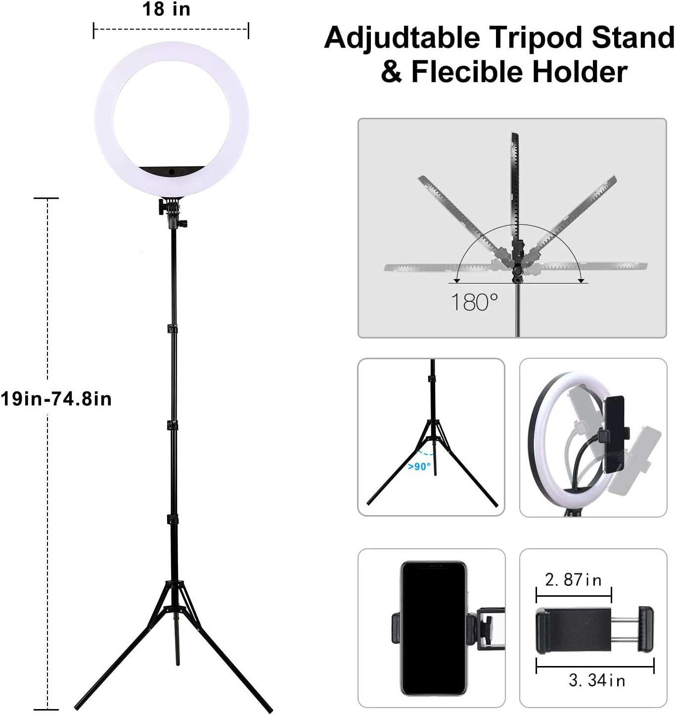 18 inch RGB LED Ring Light Kit AMAZKER with Stand and Phone iPad Holder 25 Color Modes 3000-6000K Dimmable 10 Brightness Level Up to 5000 Lux Circle Light for Live Stream/Makeup/YouTube/Vlog/Tiktok