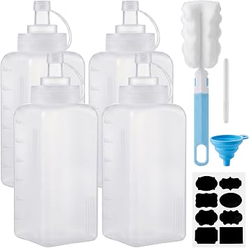 4 Pack 600ml Sauce Bottle, 20oz Plastic Squeezy Bottle Squeeze Condiment Dispenser