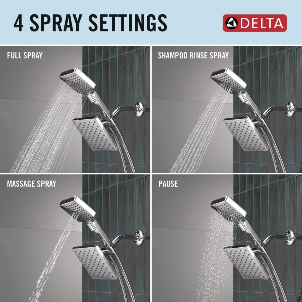 Delta Square 2-in-1 Dual Shower Head with 4-Setting HandHeld Spray, Chrome Detachable Double Shower Head with Hose, Showerhead, 1.75 GPM Flow Rate, Chrome 75755
