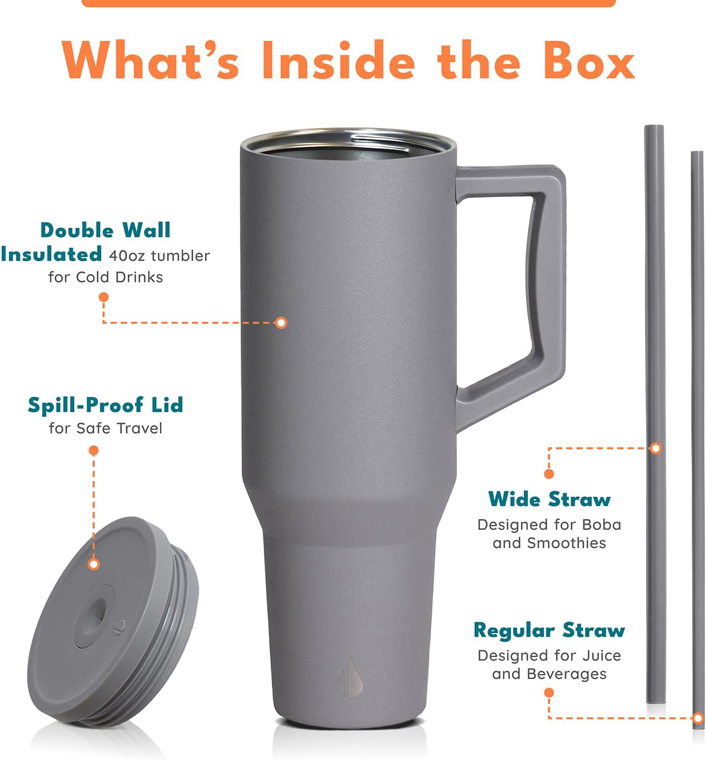 Elemental 40 oz Tumbler with Handle and Straw - Spill Proof Insulated Stainless Steel Commuter for Cold Beverages - Travel Coffee Mug with 2 Straws & Spill Proof Lid - 40oz - Graphite
